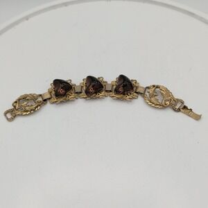 Vintage Gold Tone Metallic Brown Cabochon Panel Bracelet Double Face Profile